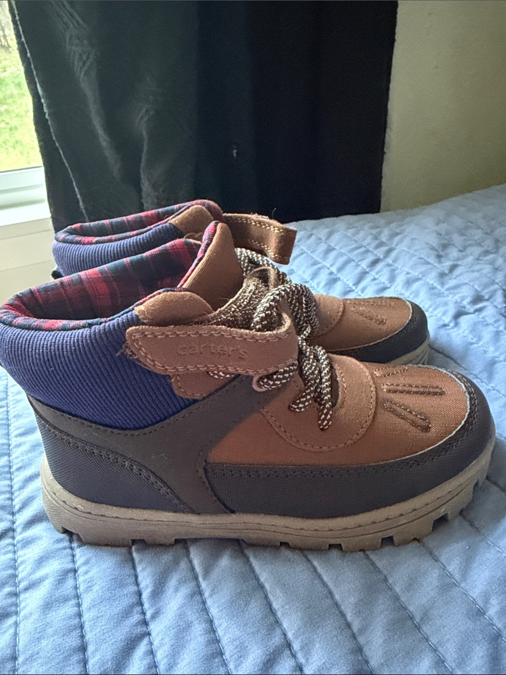 Carter's Brown and Navy Toddler Booties with Plaid Lining